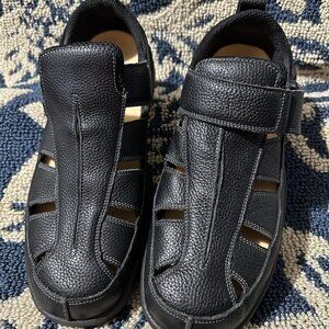 Orthofeet Black Leather‎ Sandal Hook & Loop Shoes Melbourne 571 Mens SZ 14 D M